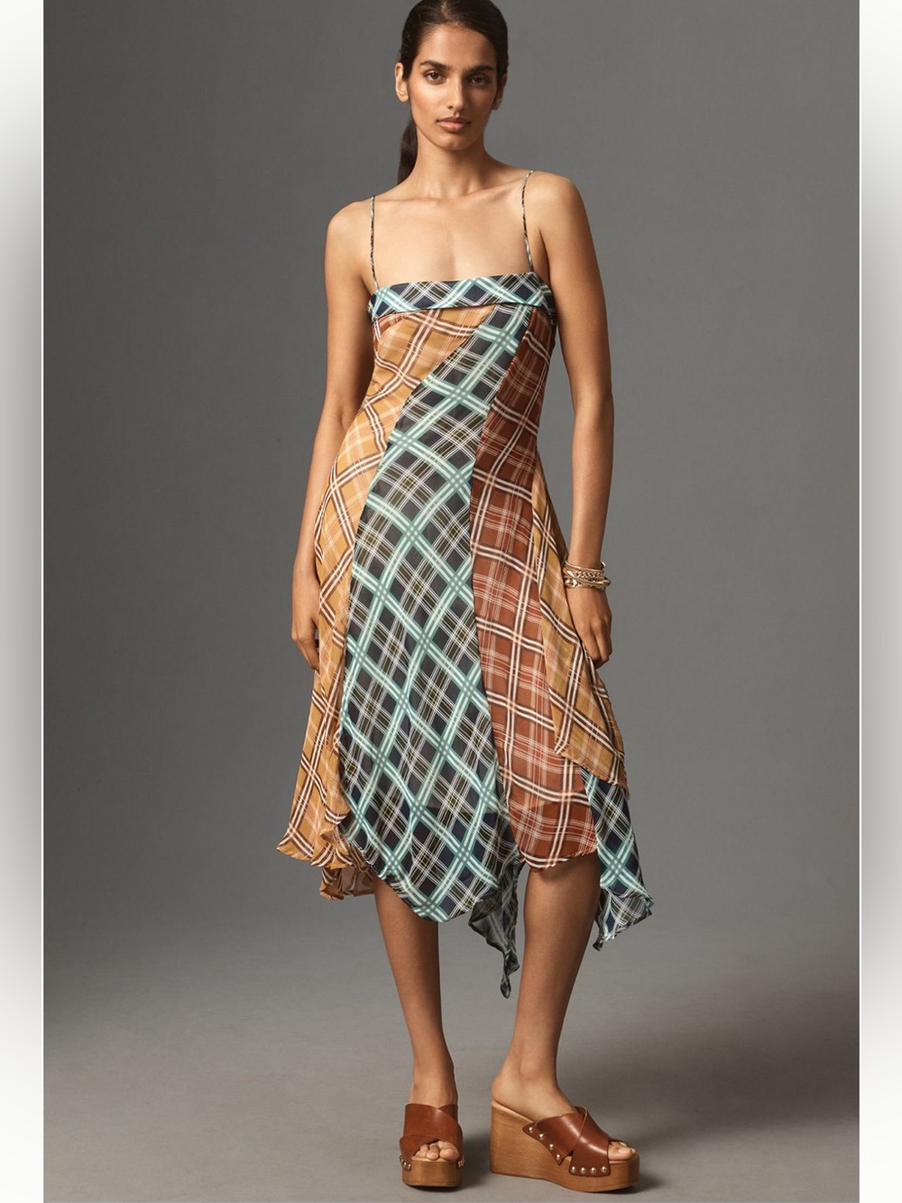 Maeve Sleeveless Asymmetric Plaid Midi Dress Size SP - Picture 2 of 7